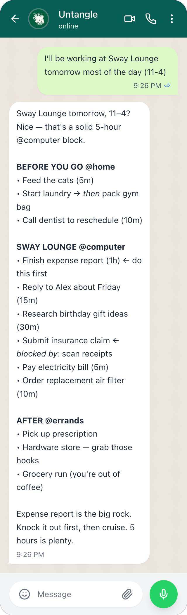 Untangle WhatsApp conversation showing context-aware task planning with time estimates and dependencies